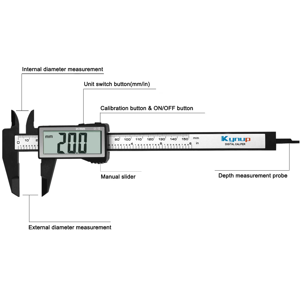 Kynup Digitaler Messschieber mit großem LCD-Bildschirm, Digitale Schieblehre, Millimeter/Zoll Umwandlung, Leichter Messwerkzeuge Messschieber, 150mm Caliper with Large LCD Screen 5
