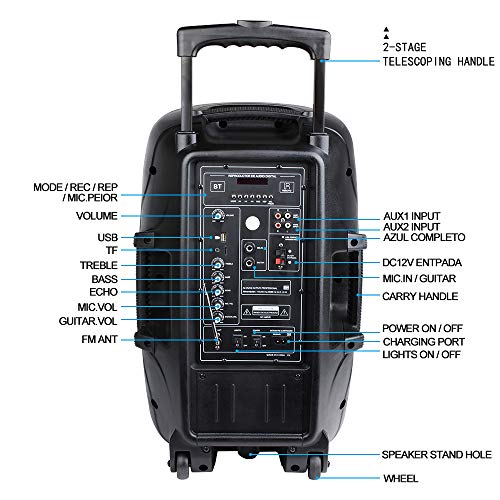 Shinco Portable PA Speaker Bluetooth Sound System 12-inch Woofer Battery Powered Loudspeaker with DJ Light, Microphone