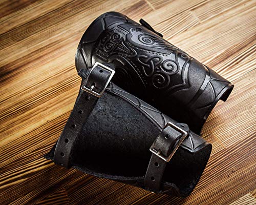 Halloween Viking Barbarian costume - Leather Cuff - Larp Gauntlet - Leather Wristbands - LARP Accessories Viking Bracers - Thor`s Hammer Ravens - Archery Armguard - Length 6"