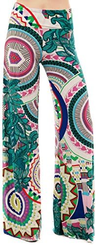Uptown Apparel Womens Fold Over Waist Boho Print Palazzo Pants (XXXL, GREEN1)