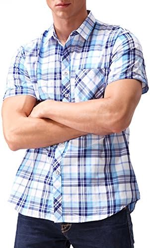 Hopioneer Men's Button Down Short-Sleeve Shirt with Pocket Regular-Fit Plaid Checked (Large, Sky Blue)