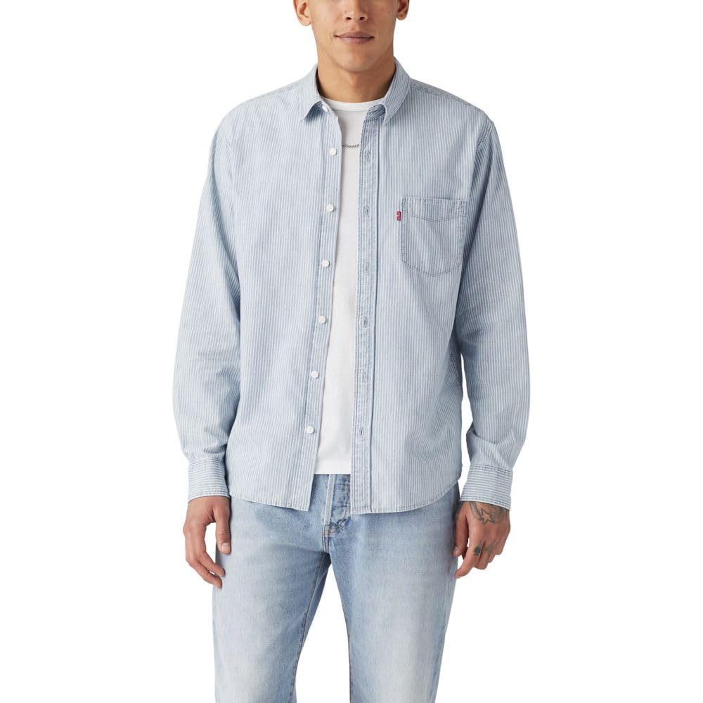 Levi's Men's Classic 1 Pocket Long Sleeve Button Up Shirt, (New) Cinder Light Wash Striped Chambray Image