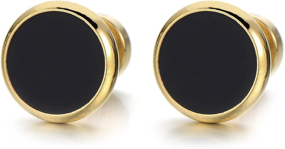 10MM Mens Womens Gold Black Stud Earrings Stainless Steel Illusion