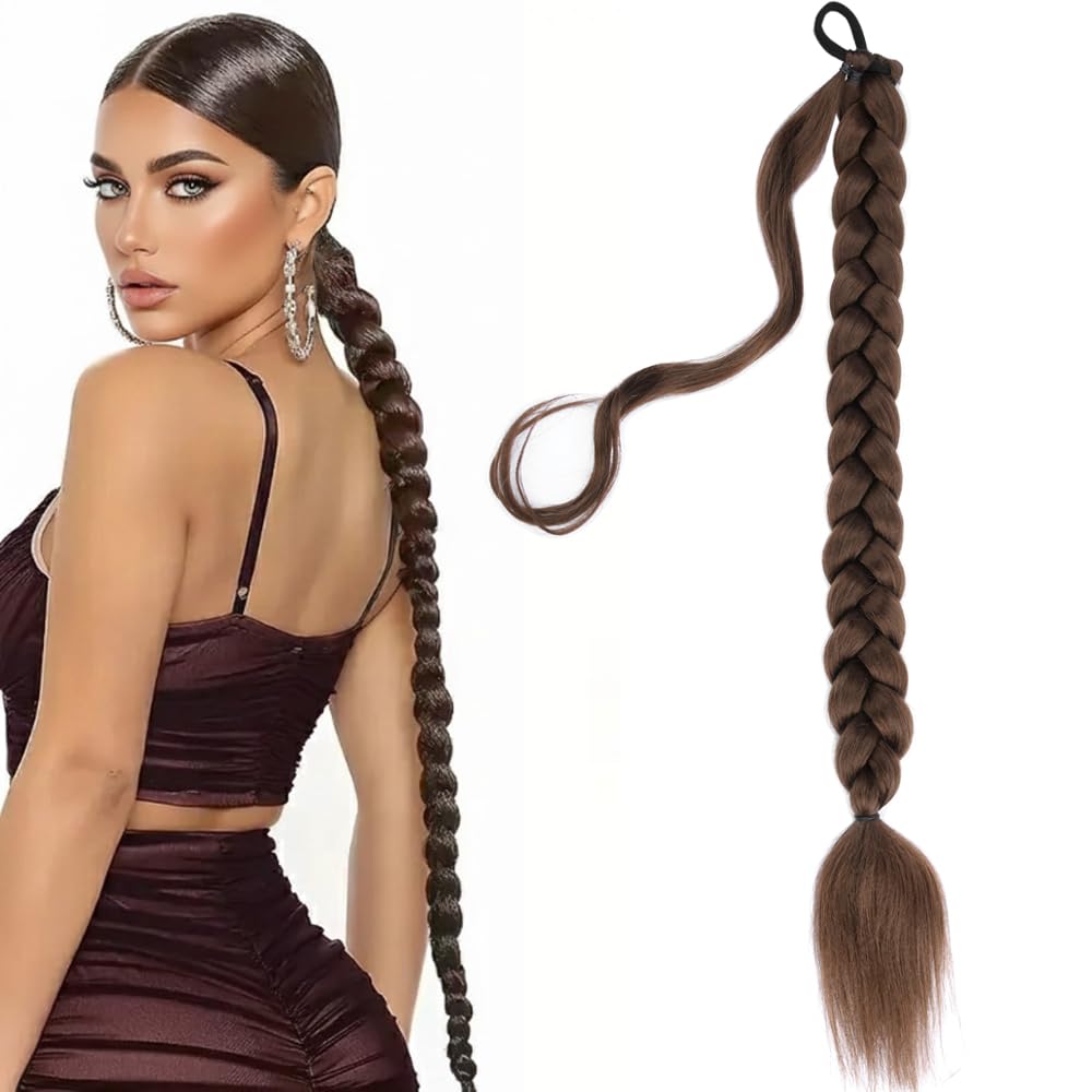 Gledola Long Braided Ponytail Extension 30 Inch Pre stretched Braiding Hair Extensions DIY Braid Ponytail Synthetic Hair Piece (Dark Brown, 30 inches)