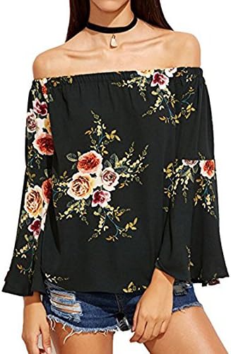 Lannorn Women’s Casual Bell Sleeve Off Shoulder Chiffon Floral Blouse Loose Shirts Tops Tees.