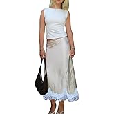 Women Lace Satin Maxi Skirt Y2K Lace Trim Silk Half Slip Skirt High Waist Silk A Line Long Underskirt Going Out