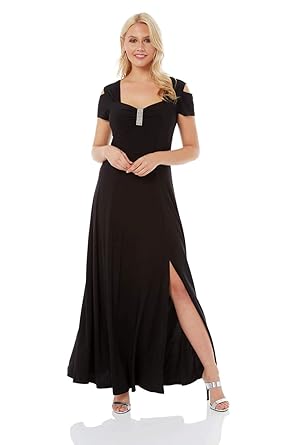 Roman Originals Damen Maxi-Kleid mit Schulter-Cut-Outs, Herzausschnitt, Strass, seitlichem Schlitz - Damen Mode-Kleider, Gala