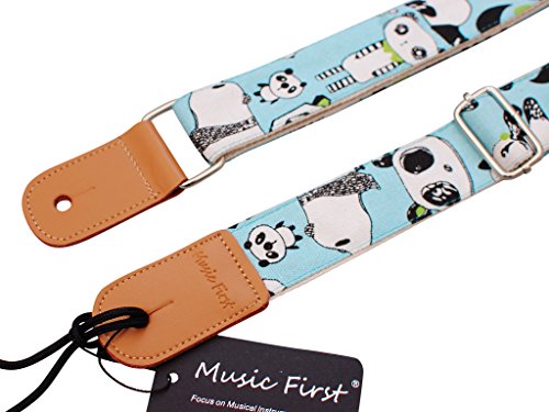 MUSIC FIRST Original Design 'PANDA' Soft Cotton & Genuine Leather Ukulele Strap Ukulele Shoulder Strap