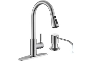Arofa Kitchen Faucet with Soap Dispenser, Stainless Steel Kitchen Sink Faucet with Pull Down Sprayer 3 Mode Single Handle Gooseneck Pull Out Kitchen Faucet for 2/4 Hole, Brushed Nickel