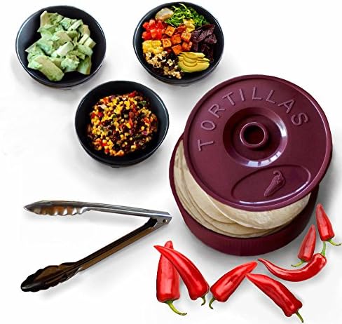 Tortilla Warmer - Keeper Microwave Food Server 8.5 Inches with Lid, Stainless Tongs, Molcajete Serving Dishes (3). Hot for 1 Hour. Bonus 15 Count Lysol Wipes