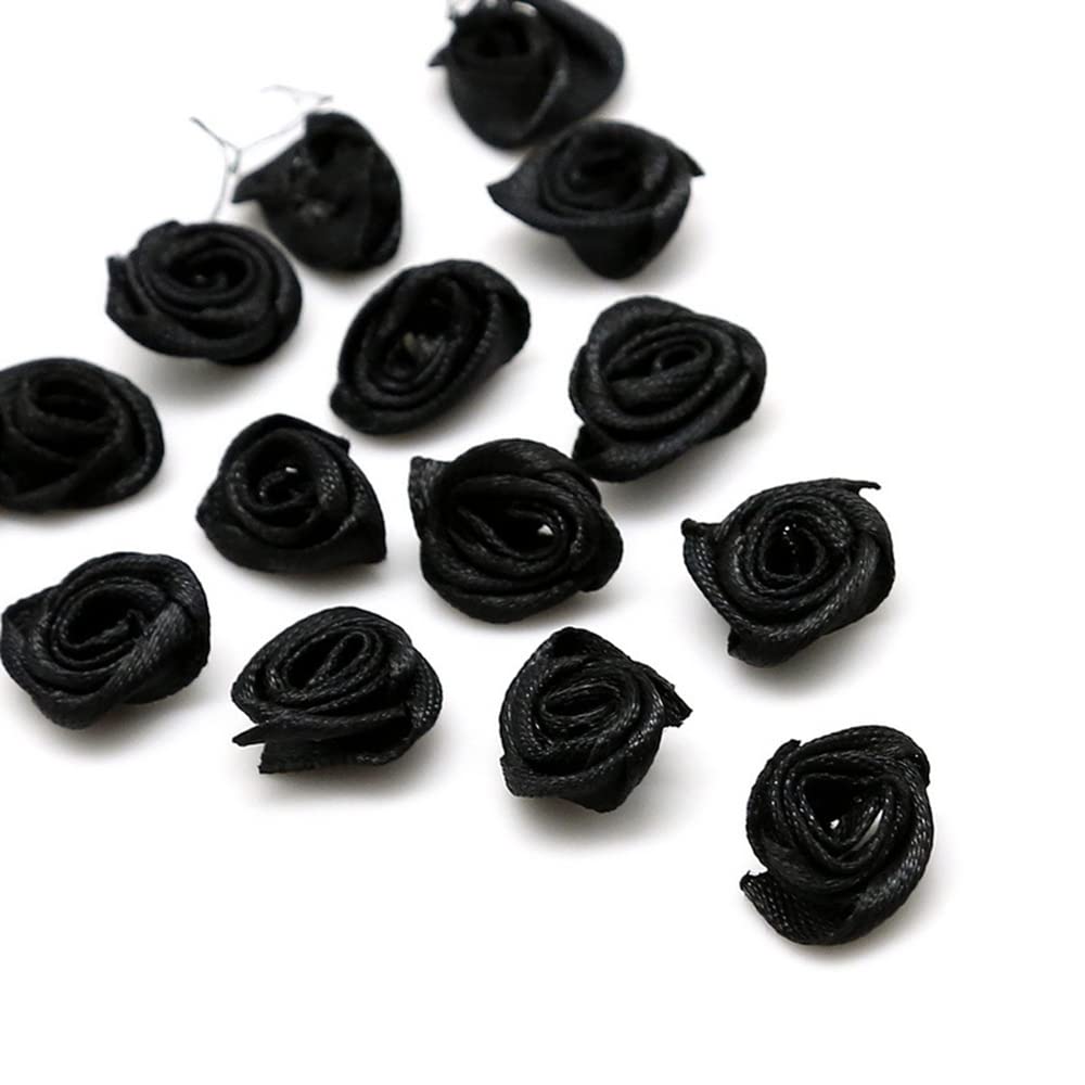 Pack of 100 Roses 1.5 cm Small Artificial Flowers Rose Heads Satin Roses Sew On Flowers Appliques for Craft Patches Decorative Roses Mini Fabric Roses DIY Accessories Home Wedding Decoration Black