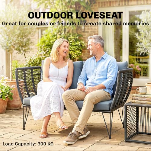 Outsunny 2 Seater Outdoor Sofa, PE Wicker Patio Outdoor Couch with Cushions, 660 LBS Capacity Small Patio Furniture Loveseat with Galvanized Steel Frame for Garden, Light Grey