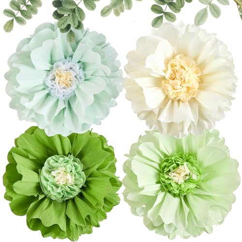 4 PCS 20" Green Party Decorations Large Paper Flowers Tissue Pom Poms Giant Paper Flowers Decorations for Spring Summer Party Flower Birthday Party Baby Shower Decorations