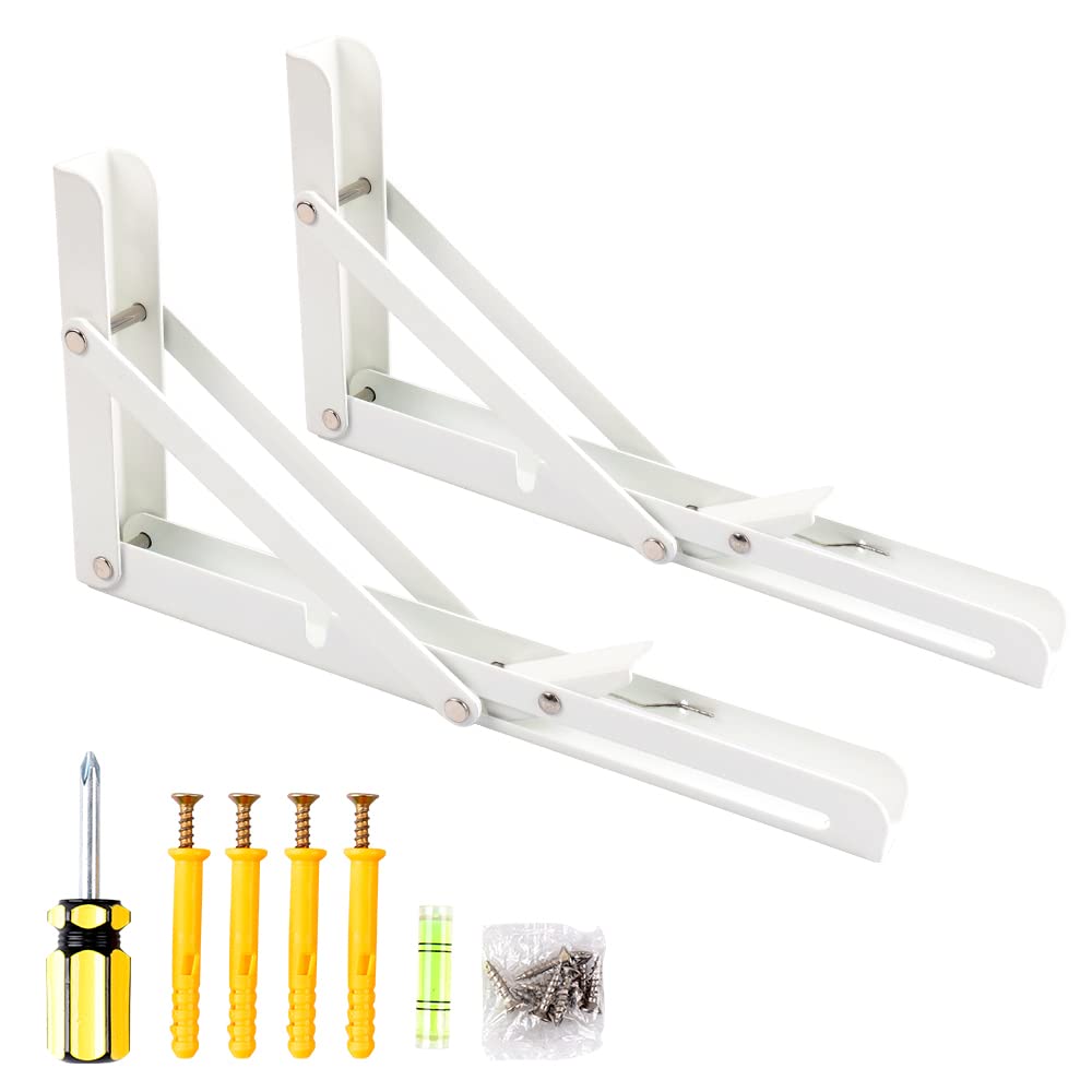 Oudtinx 2PCS Folding Shelf Brackets,Heavy Duty Triangle Shelf Bracket for Bench Table,Wall Mounted Standing Shelf Brackets for Saving Place,Multi Size 10" White