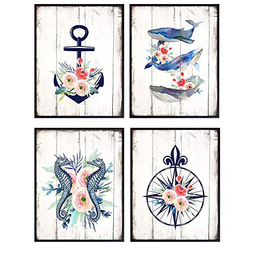 Nautical Wall Art Compass, Seahorse, Whale Beach House Decor Rustic