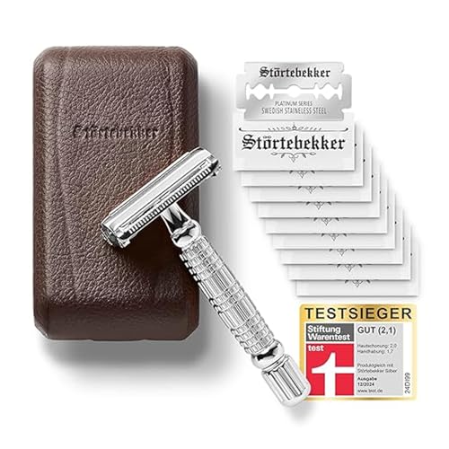 Störtebekker® Premium Rasierhobel Herren Hamburg - Rasierset mit 10 Rasierklingen & Leder-Etui - Nassrasierer Herren inkl. Reise-Etui mit Spiegel - *T