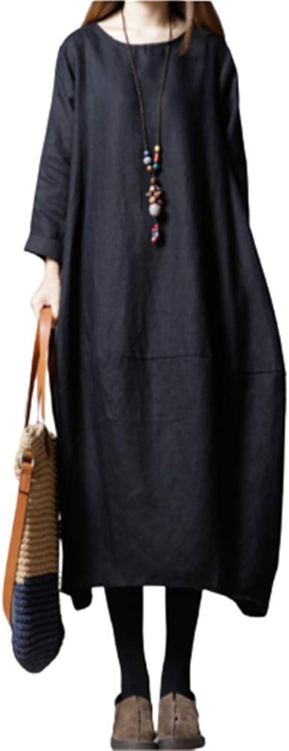 Amazon ワンピース レディース 秋冬 ロングワンピース リネン 長袖 ゆったりワンピース マキシ丈 無地 綿麻 オーバーオール 大きいサイズ 体型カバー ゆったり 春 森ガール 通勤 カジュアル ワンピース チュニック 通販
