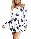 Ouduokiya Women Sexy Flower Print Long Sleeve Off Shoulder Short Dress (S, Blue)