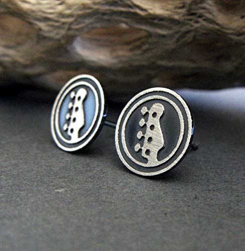 Bass Guitar Stud Earrings Brushed Sterling Silver Handmade in USA
