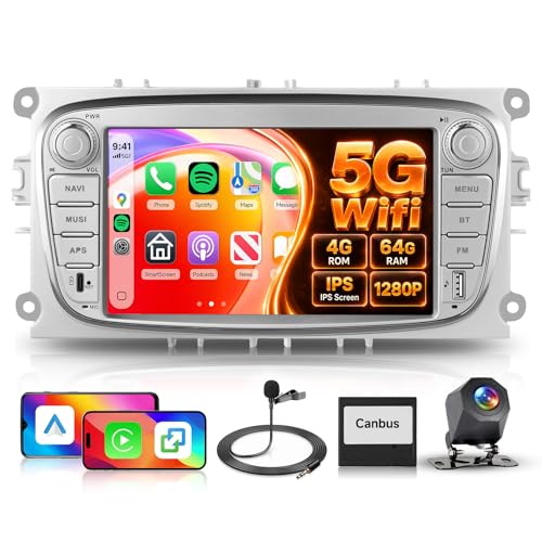 【4+64G】Hodozzy Carplay Autoradio per Ford Focus II Galaxy II Mondeo S-Max C-Max con USB USB-C, 7 Pollici Autoradio Bluetooth con Android Auto/32 EQ/FM/RDS/SWC+Retromarcia Telecamera,Argent