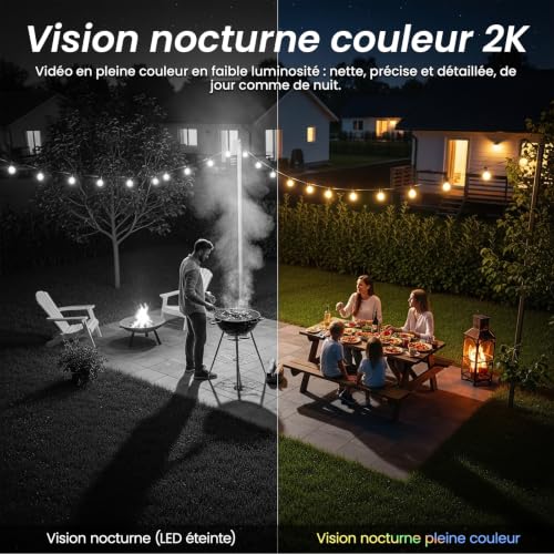 Cinnado 2K Camera Surveillance WiFi Exterieure sans Fil - Camera Exterieur sans Fil Solaire avec Panneau Solaire Intégré, 2.4GHz, Audio Bidirectionnel, Vision Nocturne Couleur, Alerte PIR, IP65