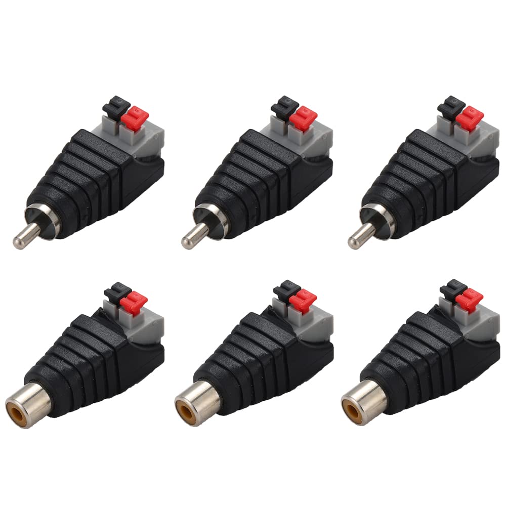 Greluma 6 Pcs RCA to Speaker Wire Adapter Subwoofer Speaker Phono RCA Male/Female to AV 2 Screw Terminal Video Audio Spring Press Type Balun for CCTV