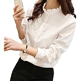 GK-O Lady Ruffle Collor Shirt Long Sleeve Button Down Loose Casual Work Blouse