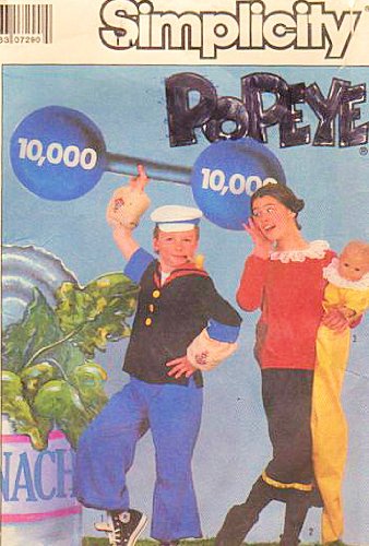 Simplicity 8831 Popeye and Olive Oyl Costume Pattern Adult Size Sm, Sweet Pea Costume Pattern Included Baby Size up to 18 Months or Doll up to 31