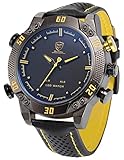 Shark Men's LED Date Day Alarm Digital Analog Quartz Sport Black Leather Band Wrist Watch SH263 Yellow