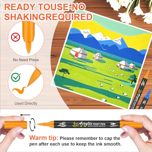 128 Acrylic Paint Markers, Dual Tip Brush Paint Pens for Adult Artists - Fine & Brush Tip Water Based Acrylic Markers for Canvas, Wood, Ceramic, Glass, Metal Surfaces