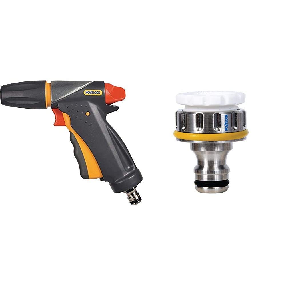 Hozelock Jet Spray Ultramax Gun, Grey/Yellow, 16x10x8 cm & Metal Threaded Connector Pro 3/4 inch for Taps