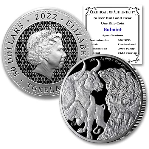 2022 1 Kilo (32.15 Troy Ounces) Tokelauan Silver Bull & Bear Coin Brilliant Uncirculated Paperweight (BU) with Certificate of Authenticity $50 BU