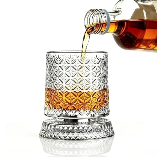 Spinning Whiskey Glasses , 360° Rotating Crystal Whiskey Tumblers | Old Fashioned with Rotating Base - 10 Oz Crystal Tumblers - Bourbon, Cocktail, Rocks, Gift Ideas for Men, Ice Crystal Pattern-1PCS at Amazon