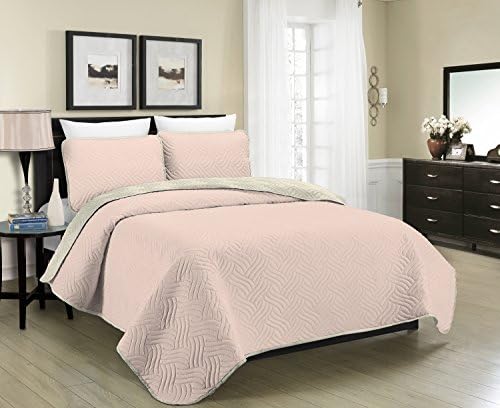 Blissful Living Reversible Luxury Pinsonic Solid Quilt Set Including Shams – Lightweight and Soft for All Year Round Comfort, Available in Twin, Full/Queen and King Size (Blush/Cream, Twin)