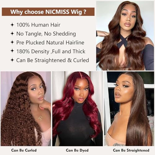 Chocolate Brown Glueless Wig Human Hair Wear and Go Glueless Lace Front Wig 4×4 Pre Plucked Body Wave Human Hair 180% Density Natural Hairline Lace Closure Wigs 26 inch