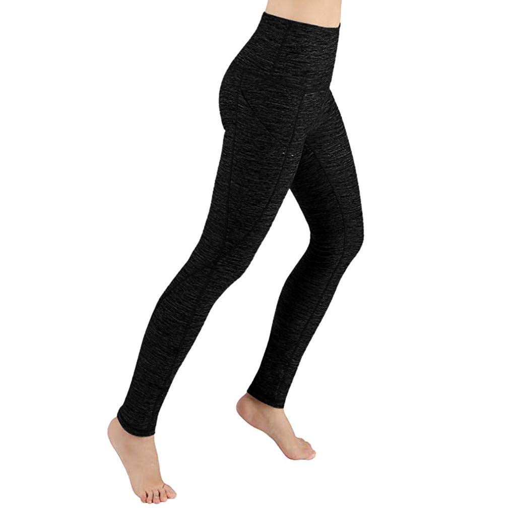 Smemek Leggings de Sport Femmes Pantalon de Yoga Leggings avec Poches Yoga Fitness Gym Pantalons de Sport Taille Haute (S, Noir-B)