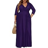 Milloud Plus Size Dress for Women - 3/4 Sleeve V-Neck Maxi Dress for Women with Belt and Pockets （2XL-6XL