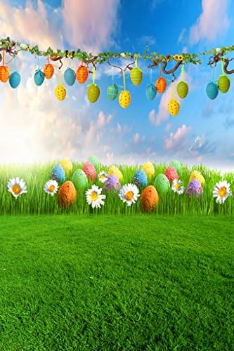 Happy Easter Day Vinyl Spring Flowers Eggs Grass Sky Photo Background Seamless Waterproof Printed Photography Backdrop 6.5 Ft*5 Ft(200cm * 150cm) ZGE-041