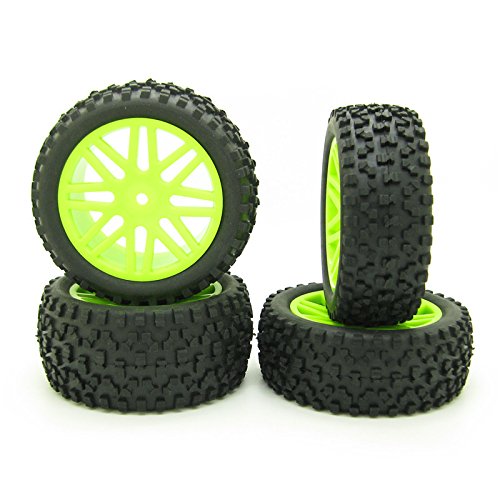 2PCS Front and 2PCS Rear Green Wheel Rim Rubber Tires for HSP 1:10 RC Off-Road Buggy