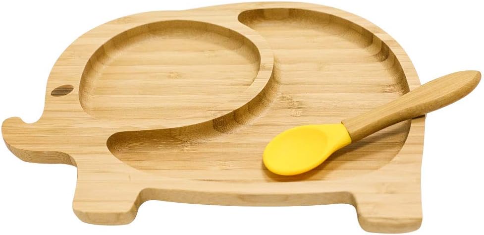 Homevibes Elephant Baby Suction Plate and Spoon Set, Silicone & Natural Bamboo Toddler Feeding Training Plate with 7 Colors (Yellow)