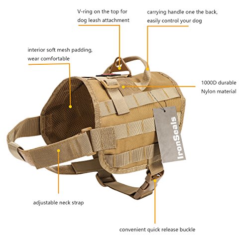 IronSeals Tactical Dog Training Vest K9 Molle Compact Service Dog Harness Nylon Mesh Dog Training Hunting Clothes for Training Hiking Outdoor Sports