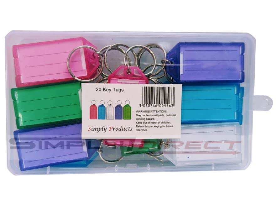 20pc Key Tags Tough Plastic Key Tags with Split Ring & Label Window, 5 Colors with plastic box