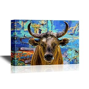 Canvas Wall Art - Portrait Cow with Nice Horn in Open Zoo - Gallery Wrap Modern Home Art | Ready to Hang - 12x18 inches
