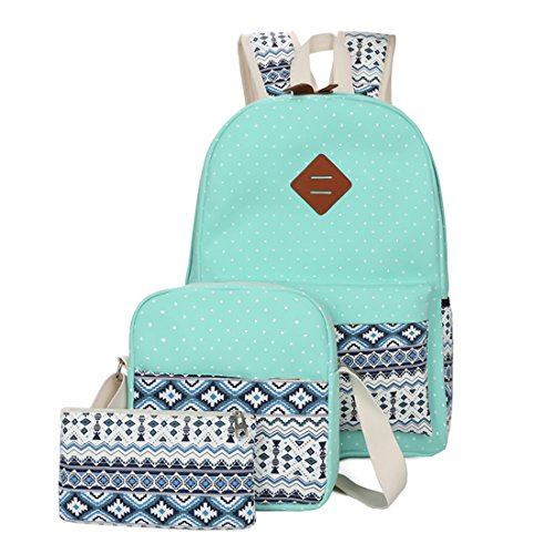 MoModer Set of 3 Lightweight Basic Canvas Backpack,Cute Dot Knapsack for Girls Light Green