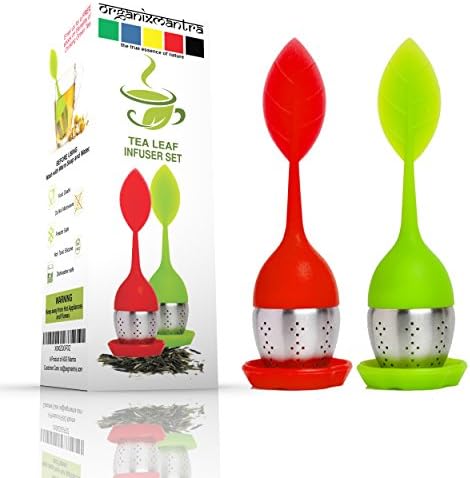 Silicone Tea Infusers for Loose Tea with Drip Tray - Set of 2 Beautiful Silicone Red &amp; Green Leaf Handles with Stainless Steel Ball For Loose Leaf Tea