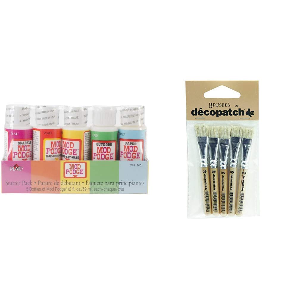 Mod Podge Starter Set & Decopatch PACKPC05O Hog Bristle Brush,5 Pack