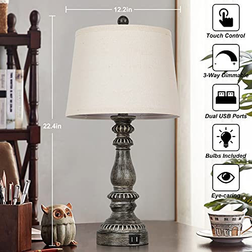 Set of 2 Touch Control 3Way Dimmable Table Lamps, Farmhouse Rustic
