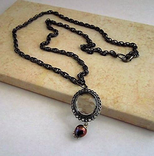 Crystal Looking Glass Black Pearl Steampunk Long Black Rope Necklace 26-Inch