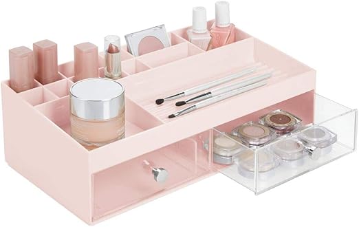 Amazon Com Mdesign Wide Plastic Makeup Storage Caddy Organizer For Bathroom Vanity Countertop 2 Drawers 15 Top Shelf Compartments Holds Lip Stick Gloss Blush Palettes Brushes Mascara Blush Pink Clear Home Kitchen