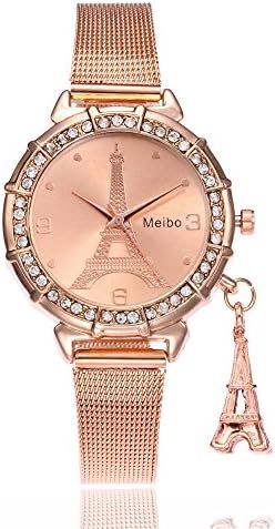 Womens Quartz Watches Crystal Rhinestone Fashion Eiffel Tower Pendant Round Dial Stainless Steel Mesh Band Unisex Analog Wrist Watches for Ladies